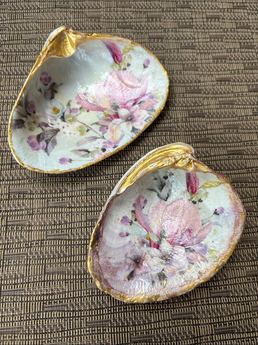 Handmade Decoupaged Set of 2 Pink Floral Natural Shell Trinket Dishes Gold Edge